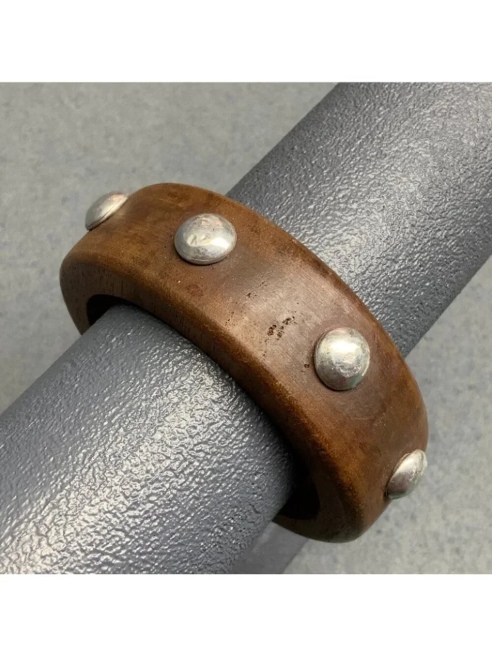 Chunky Wooden Bangle Bracelet 2.5 In As Is Retro Brown Silver Studs Rustic Punk